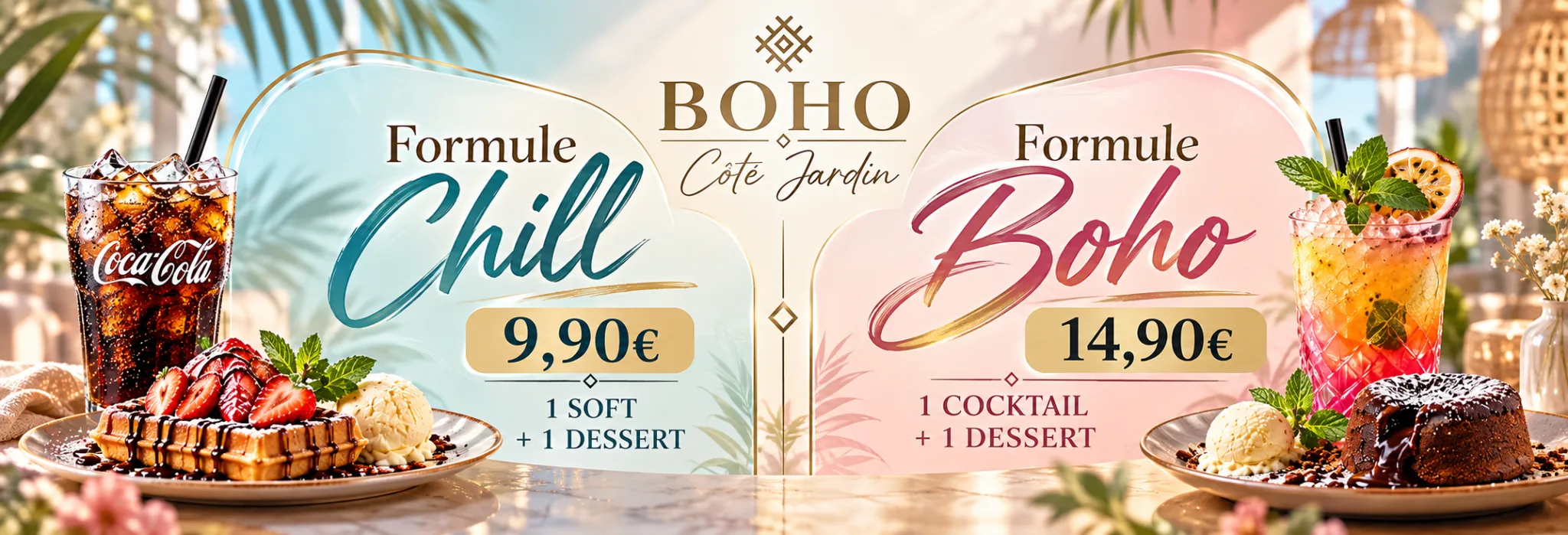 Formules Côté Jardin : Chill 9,90 € (1 soft + 1 dessert), Boho 14,90 € (1 cocktail + 1 dessert)